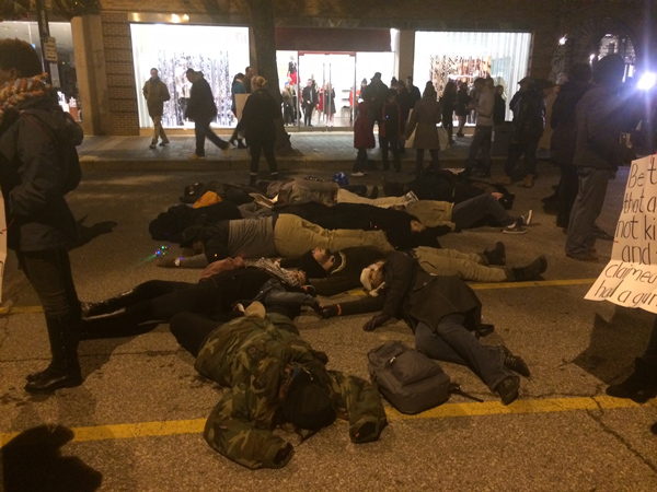 The "die-in" protest Thursday night at the Country Club Plaza during the lighting ceremony.