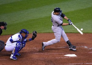 KANSAS CITY, MO - MAY 16:  Carlos Beltran #36 of the New York Yankees hits a single in the fifth inning against the Kansas City Royals at Kauffman Stadium on May 16, 2014 in Kansas City, Missouri. (Photo by Ed Zurga/Getty Images)