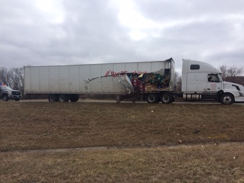 Damage to the semi that side-swiped the tour bus on I-70 near Adams Dairy Parkway.